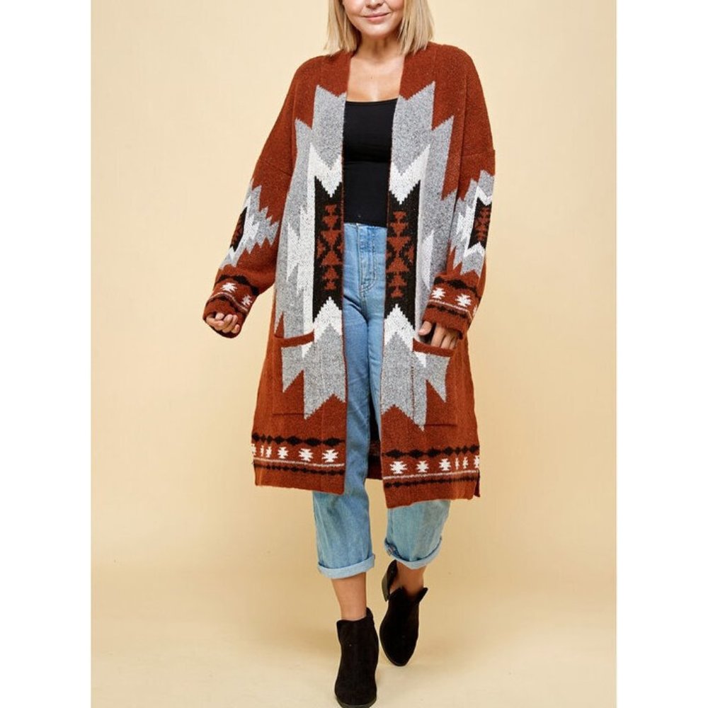 Plus Aztec Tribal Southwestern Cardigan Sweater - Picture 3 of 11
